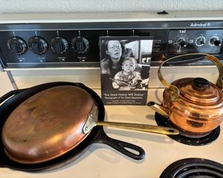 Copper & Brass Fry Pan, Cast Iron Skillet, Copper & Brass Teapot