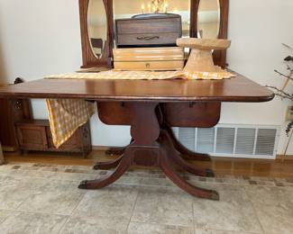 Duncan Phyfe Style Triple Pedestal Drop Leaf Dining Table