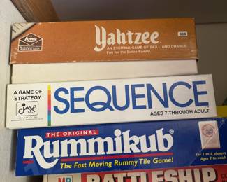1975 Milton Bradley Yahtzee Dice Game, 1992 Sequence Board Game, 1997 The Original Rummikub Tile Game, 1978 Milton Bradley Battleship Game