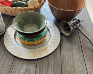 Lynn's Stoneware Green Bowl, Metlox Colorstax Red Pottery Bowl, GMB Gladding Turquoise Salad Plate, Bosco-Ware Brown Pottery Bowl