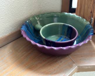 Purple, Blue and Green Ceramic Scalloped Edge Serving Bowl, Purple, Blue and Green Ceramic Handled Soup Bowl