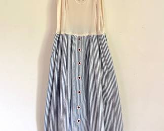 Sheer Cream Top Dress with Blue Striped Button Front Skirt