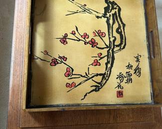 Pair Asian Wooden Serving Trays with Cherry Blossom Design