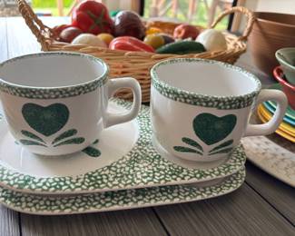 4 Piece Green Sponge-ware Green Hearts Print Teacups, & Snack Plates