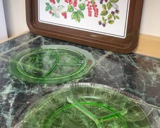 2 Green Depression Uranium Glass Divided Plate
