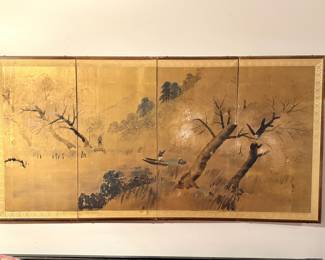 Japanese Four-Panel Folding Screen with Landscape Scene