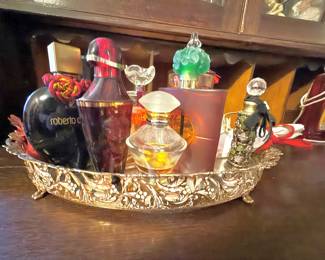 Roberto Cavalli Perfume, Guerlain Samsara Perfume Spray, Mary Kay Journey Perfume, YSL Yves Saint Laurent Opium Rouge Perfume, Austrian Crystal Two's Company Enamel Brass Perfume Bottle, Gold Tone Vine Pattern Vanity Tray