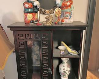 Asian Style Mini Display Cabinet, Chinese Ceramic Golden Boy & Girl Figurines, Pair of Carved Stone Chinese Seals, Japanese Red Lacquered Three Tier Trinket Box, Carved Soapstone Horse Figurine