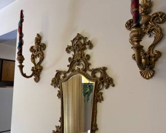 Gold Gilt Baroque French Rococo Mirror, Pair of Gold Gilt Baroque French Rococo Candle Sconces