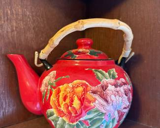 Pier 1 Imports Hand Painted Peony Teapot with Bamboo Handle