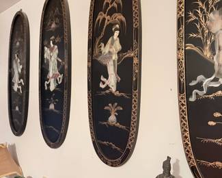 Set of 4 Chinese Black Lacquered Oval Panels
