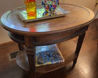 Round Oak Side Table, Red & Yellow Amberina Pitcher, Colorful Hand-Blown Glass Pitcher