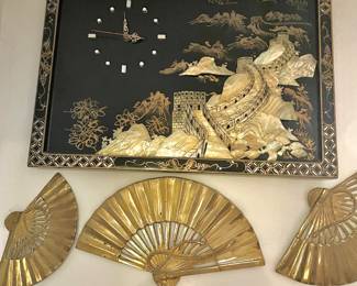 Chinese Black Lacquered Mother Of Pearl Decorative Rectangular Clock, Brass Hand Fan Wall Mount Decor