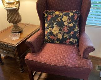 Maroon Floral Upholstered Wingback Armchair