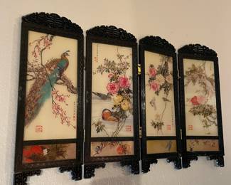 Japanese Mini 4 Panel Folding Screen with Bird and Floral Design