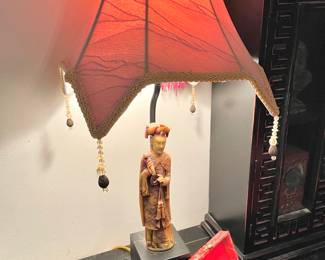 Pair of Chinese Carved Resin Figural Emperor & Empress Table Lamps