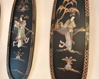 Set of 4 Chinese Black Lacquered Oval Panels