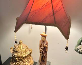 Pair of Chinese Carved Resin Figural Emperor & Empress Table Lamps, Baroque Rococo Gold Tone Trinket Box