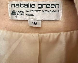 Natalie Green by Bert Newman 100% Wool Cream Coat - Size 16