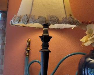 Bronze Tone Table Lamp with Tan Floral Shade