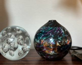 Clear Bubble Glass Sphere Paper Weight, California Glass Iridescent Blown Glass Oil Lamp