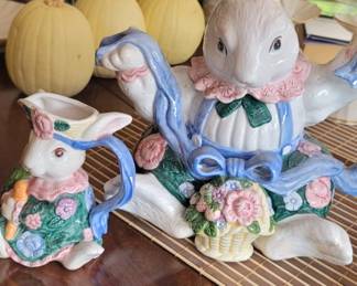 1991 Fitz & Floyd Bloomers Rabbit Creamer Pitcher, 1991 Fitz & Floyd Bloomers Rabbit Bunny Teapot