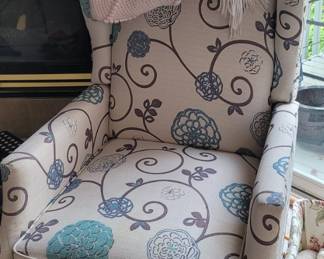White & Blue Floral Upholstered Wingback Armchair