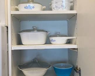 Corning Ware Blue Cornflower & Shadow Iris Casserole Dishes, Saucepan, Corning Ware Cookmates White Dutch Oven, Harker Pottery Chesterton Gray Covered Vegetable Dish, PYREX Primary Blue 1-1/2 Pint Mixing Bowl