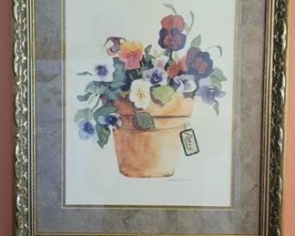 Framed & Matted Potted Pansy Still Life Watercolor Print