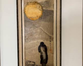 East Asian Ink & Mixed Media Scroll-Style Painting of Solitary Figure Beneath a Golden Sun