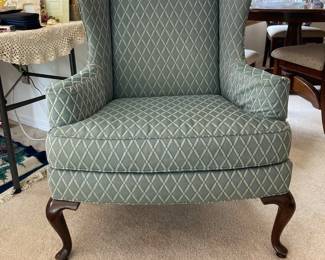 Drexel Heritage Pale Blue Diamond Pattern Upholstered Wingback Arm Chair