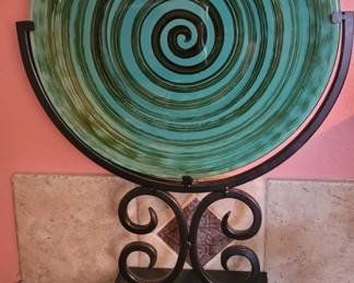 Turquoise/Green Swirl Glass Decorative Plate with Stand