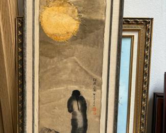 East Asian Ink & Mixed Media Scroll-Style Painting of Solitary Figure Beneath a Golden Sun