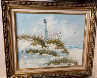 Oil Painting of Lighthouse on Beach by F. Dressen