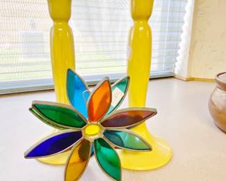 Set of yellow candlesticks, Empire Works, England and stain glass flower