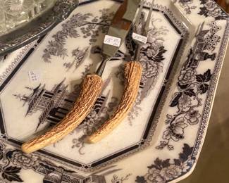 Ironstone Platter, Antler Carving Set