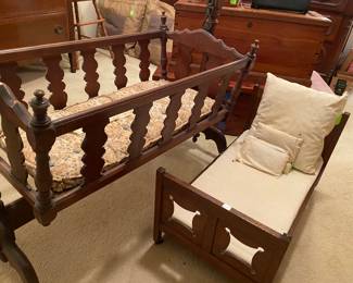Childs wooden swing crib and Doll Bed
