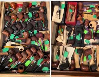 LARGE collection of smoking pipes, over 100, with accessories, EXCELLENT CONDITION, Dunhill, Castello, Savinelli, MJ Frey, Willmer, Chacom, at least 20 different makers, some with gold, silver, sterling bands