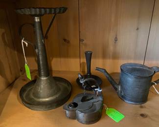 Antique Pewter Candlesticks, Antique Balance Beam Scale used for weighing goods in a farm setting
