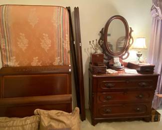 Pair of Mahogany Twin Beds and Antique Cherry Dresser with Mustache handles