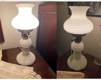 Pair of Vintage Fenton Milk Glass Hobnail Table Boudoir Lamps