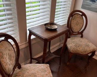 French side table with lower cane tier (20.25" x 14.25" x 30") and shown with french side chairs - 3 available