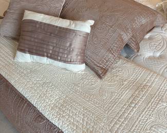 King coverlet, shams, and decorative pillows