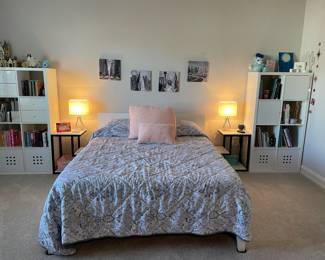 White bedroom set: Queen platform bed and mattress, 2 nightstands, 2 storage shelving units, lamps and more!