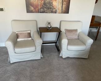 Slip covered armchairs with lumbar roll (30" W x 28" D) and trestle table (35.5" x 22" x 23") - total of 4 available and side table (23.5" x 15.75" x 25.75")