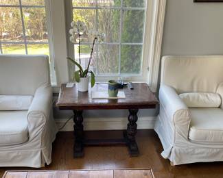 Slip covered armchairs with lumbar roll (30" W x 28" D) and trestle table (35.5" x 22" x 23") c. early 19th century - total of 4 available