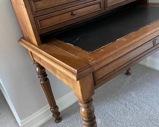 Another view of the early 19th century desk with pullout extension - leather top, center drawer and 4 drawer hutch (39" x 24" x 29")
