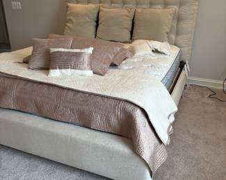 Natural Linen upholstered king bed - headboard padded with button detail, powerbase platform, and King Mattress, King coverlet and shams 
