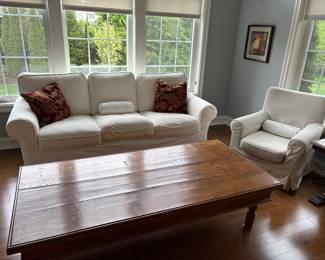 Wood coffee/cocktail table - early 19th century - (68"  x 33.5" x 18"), slip covered couch and chairs