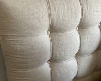 Natural Linen upholstered king bed - headboard padded with button detail, powerbase platform, and King Mattress available